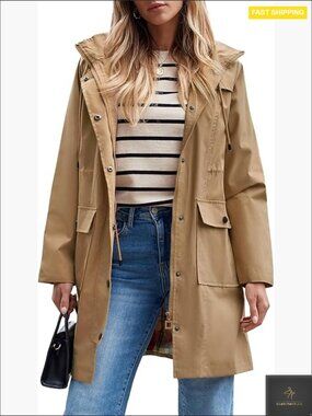 Waterproof Trench Coat Hooded Windbreaker Lightweight Rain Jacket Women's